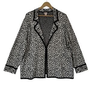 Chico’s Cardigan Sweater Size 4 XXL 2X Black Ecru Animal Open Front Blazer NEW